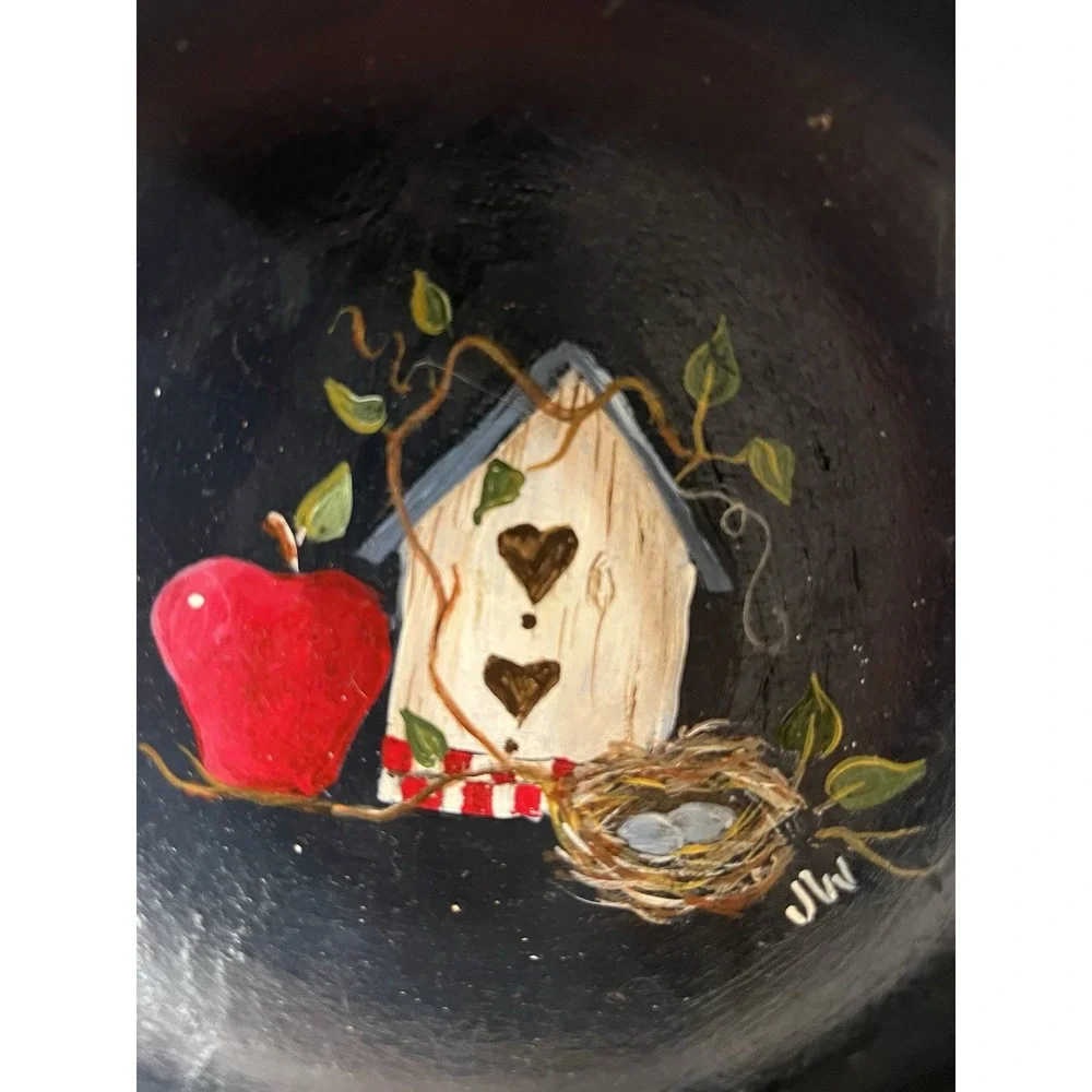 Hand Painted Wooden Vintage Decorative Bowl Birdhouse Nest Apple 6